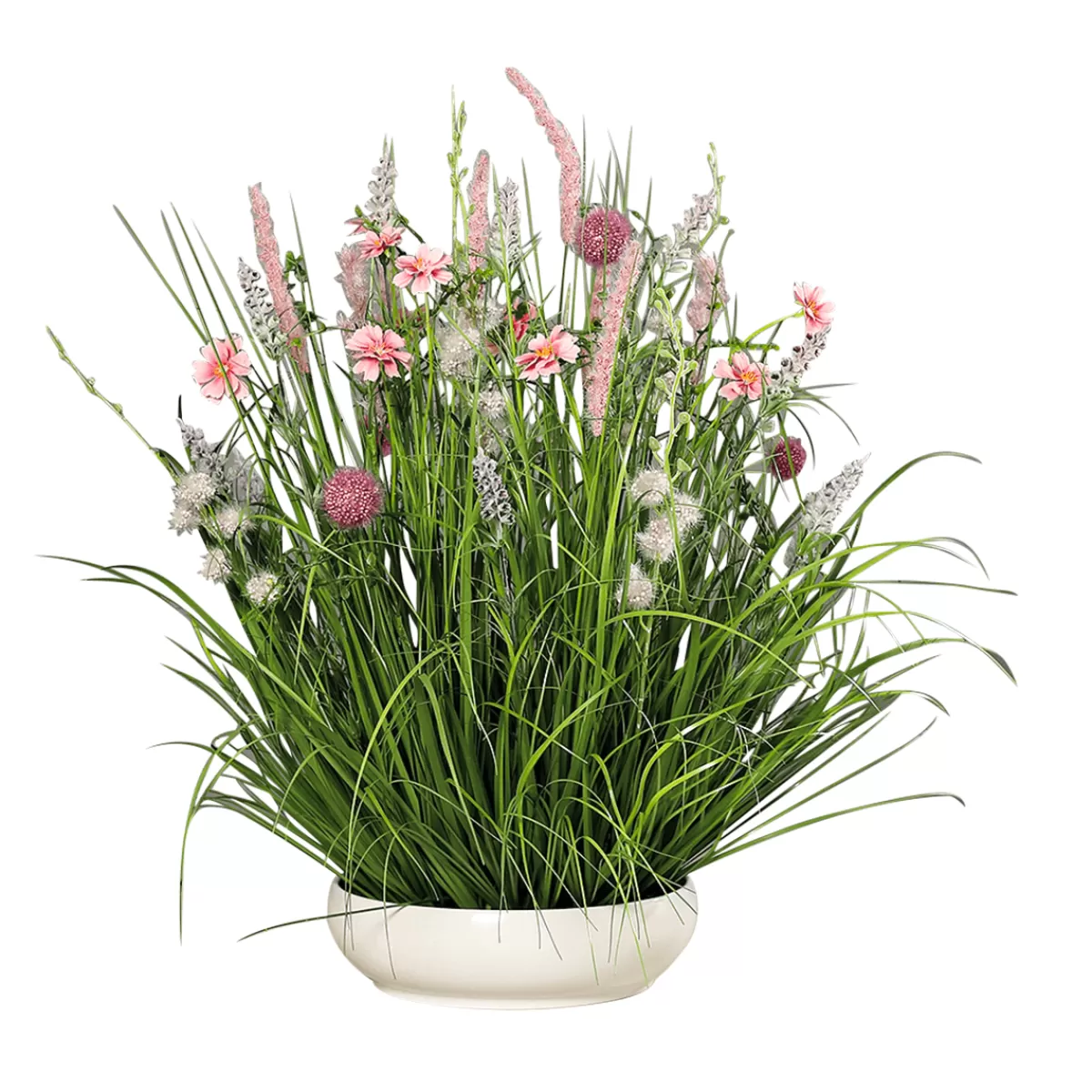 DecoWoerner Arrangement De Fleurs Artificielles s Des Prés Dans Une Coupe Blanche 58 Cm
