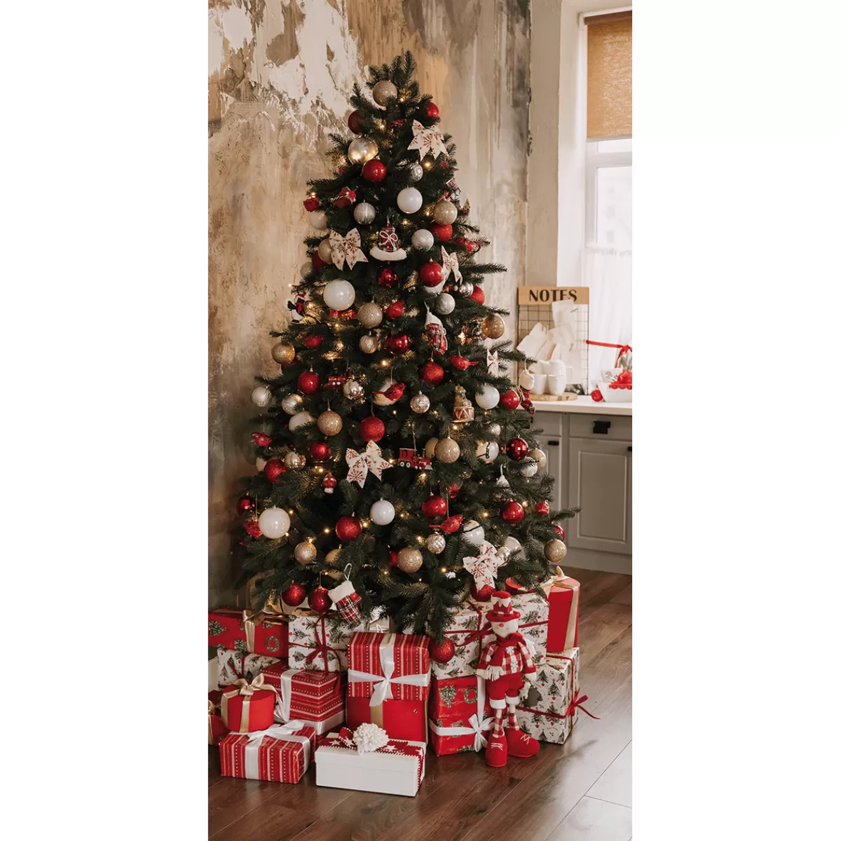 DecoWoerner Bannière En Tissu Difficilement Inflammable "Arbre De Noël Avec Cadeaux Rouges Et Blancs" En Tissu Pour Drapeau 100 X 200 Cm