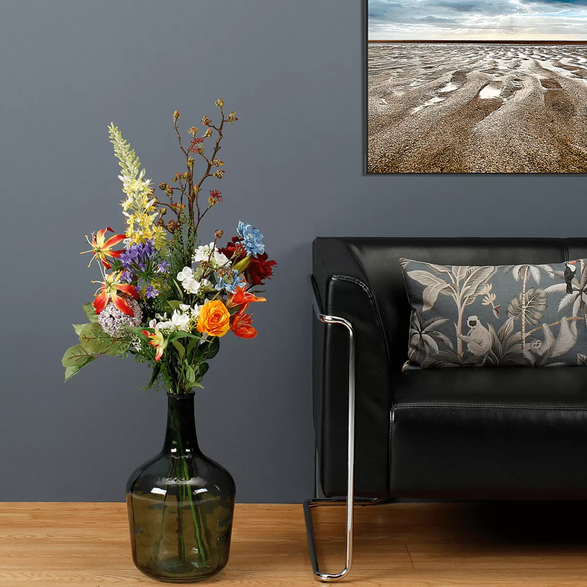 DecoWoerner Bouquet Mixte De Fleurs Artificielles Orange Bleu Blanc 104 Cm