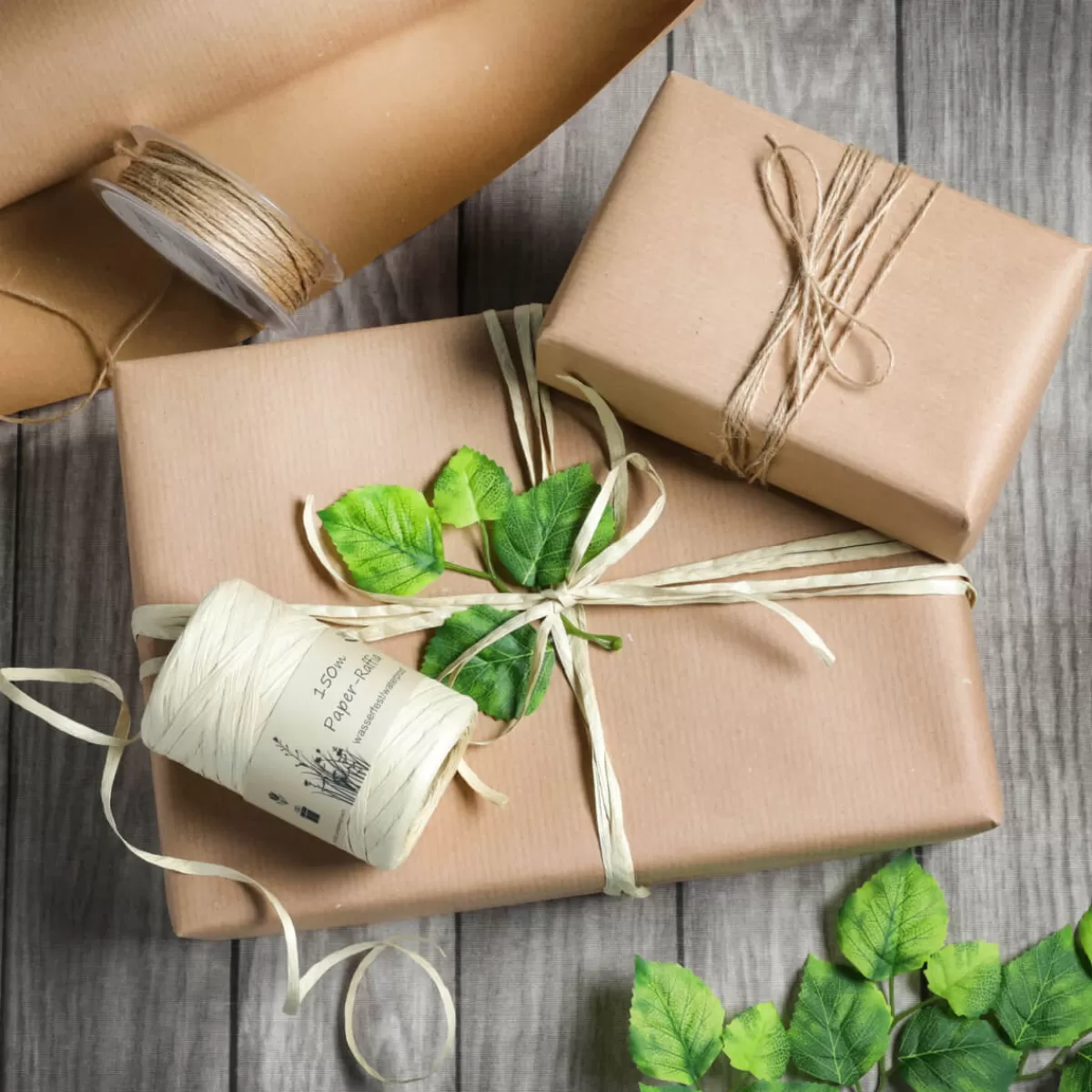 DecoWoerner Paquet économique Emballage Cadeau Go Green Avec Raphia Blanc Et Ruban De Jute