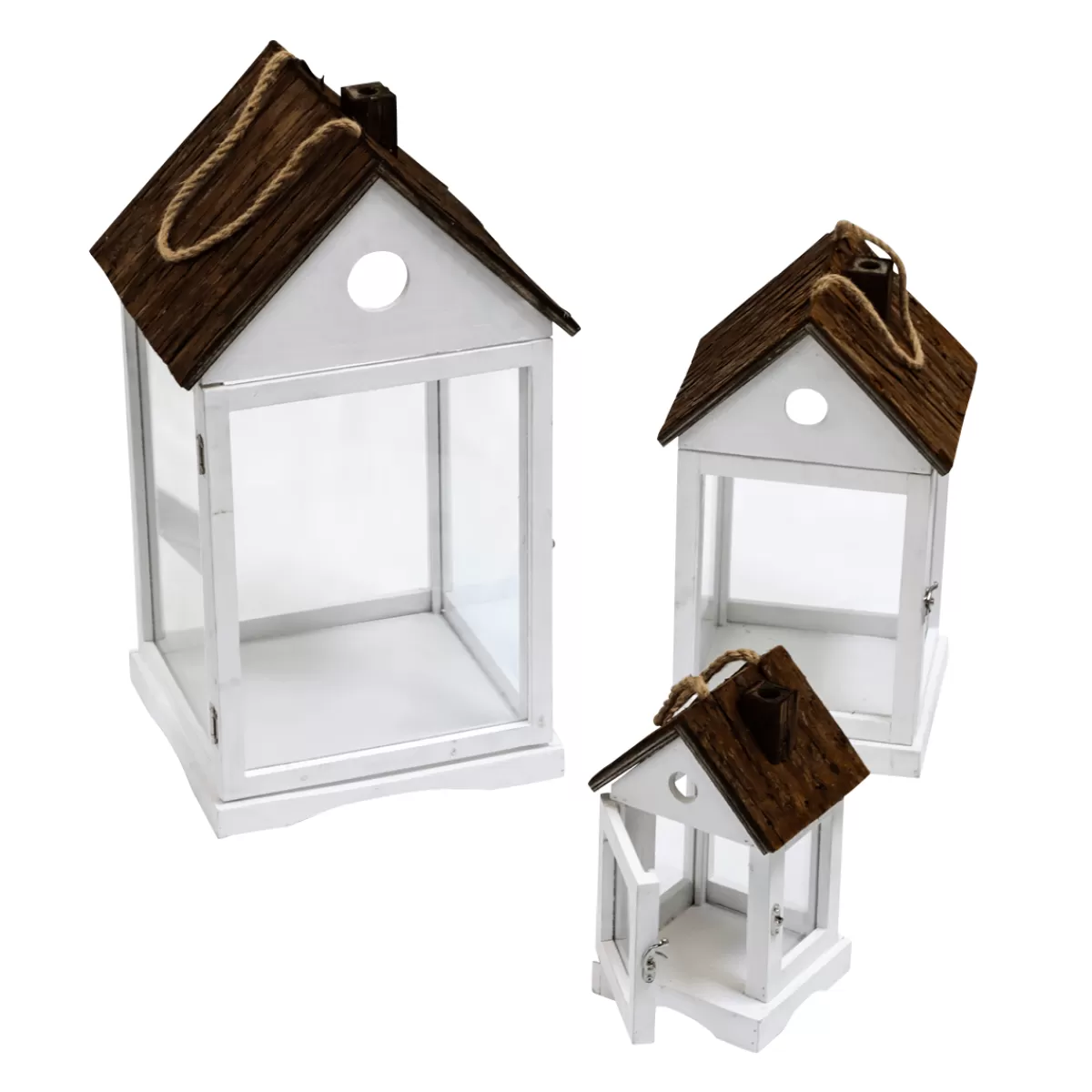 DecoWoerner Photophore Lanterne Maisons En Bois Set 3 Pièces Marron